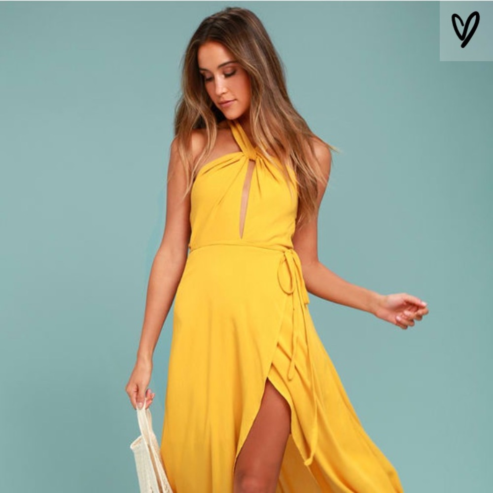 Golden yellow halter wrap dress